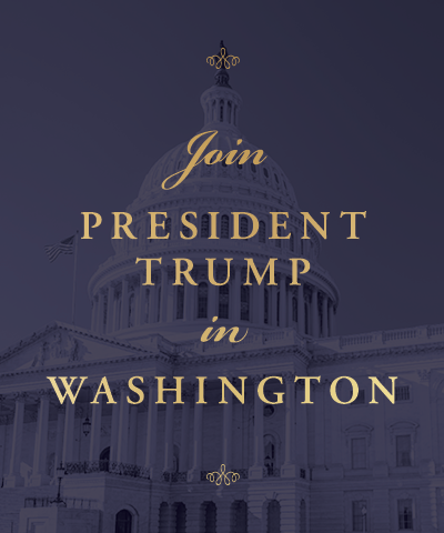 An image of the U.S. Capitol building. "Join President Trump in Washington" text in image.