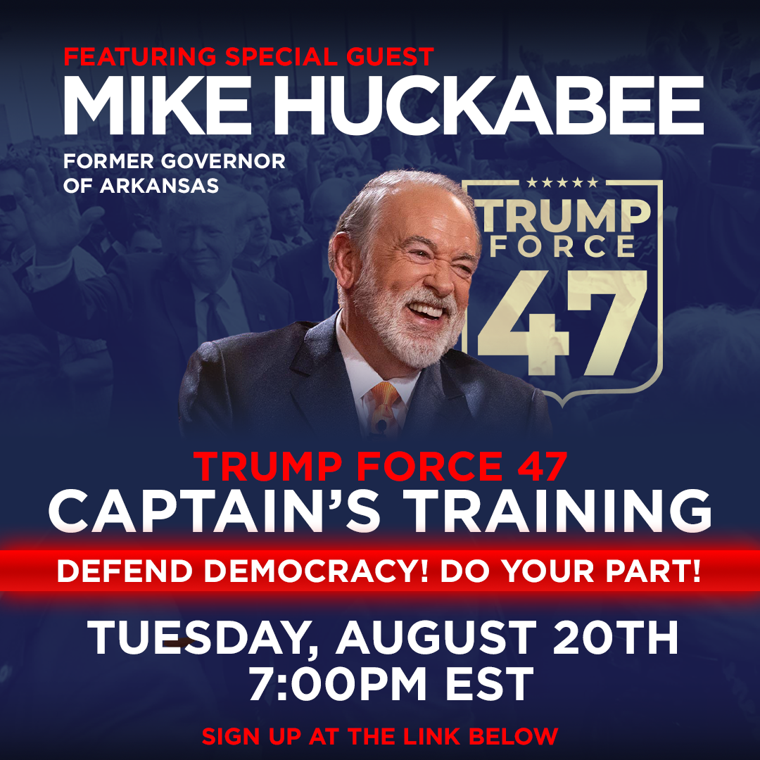 Image of Former Gov. Mike Huckabee regarding Trump Force 47 training in PA. Image of Former Gov. Mike Huckabee regarding Trump Force 47 training in PA.
