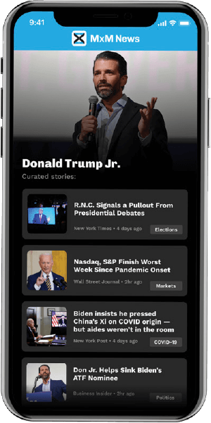 MxM News App on phone featuring Donald Trump Jr.